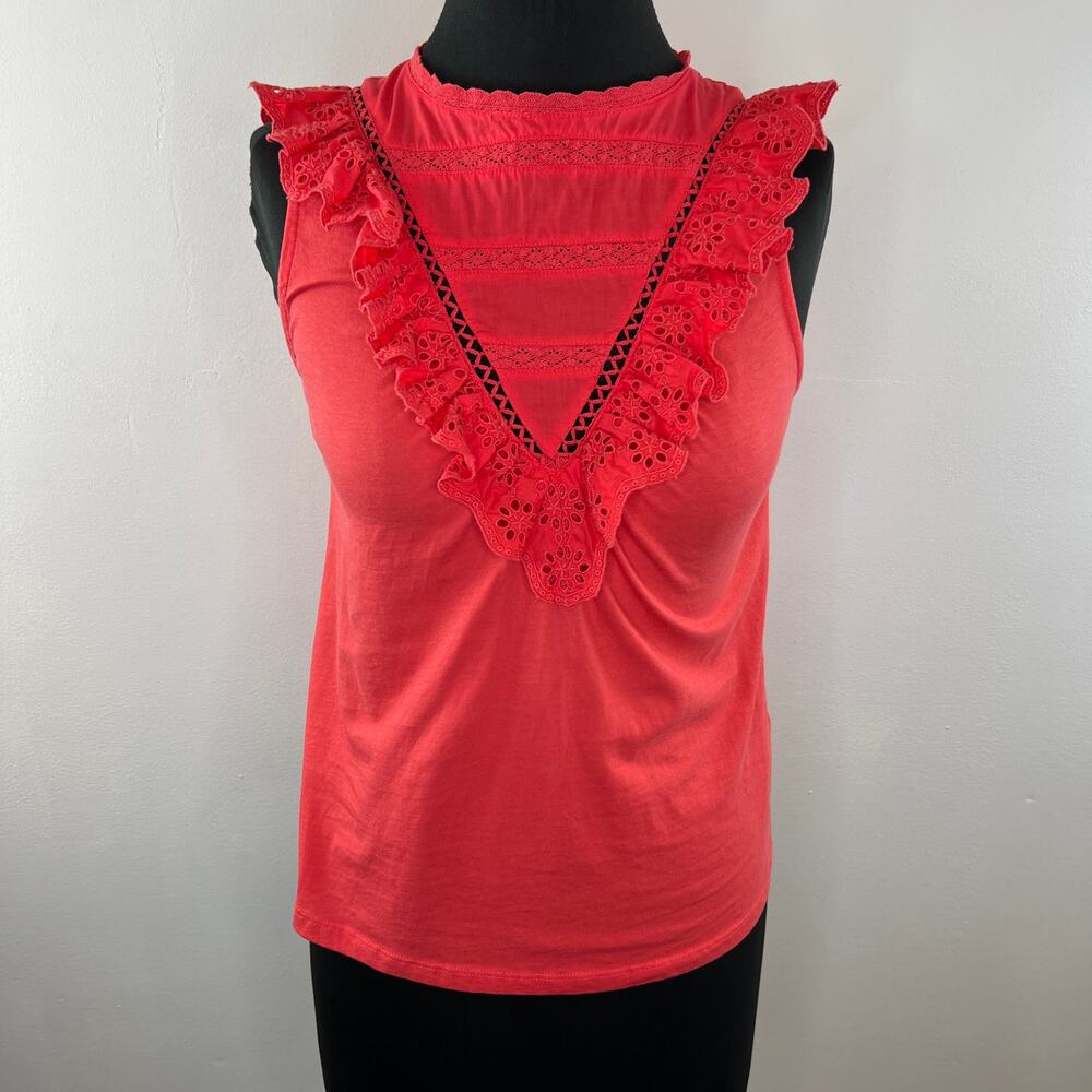 J. Crew Red Coral Sleeveless 100% Cotton Eyelet Ruffle Front Tank Size XXS